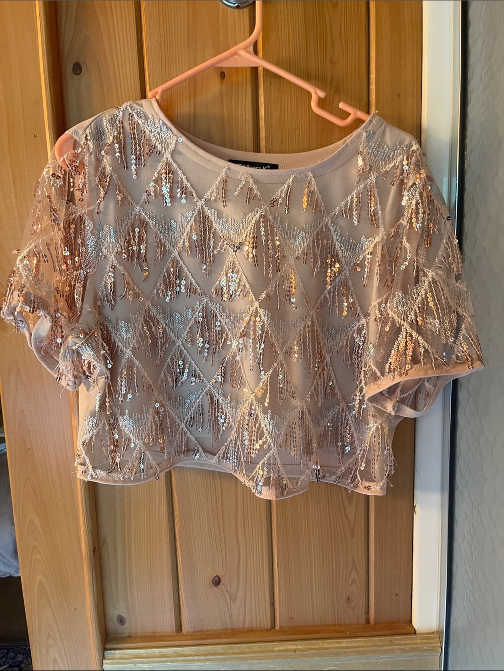 Allegra K Rose Gold Sequin Cropped Short Sleeve Top